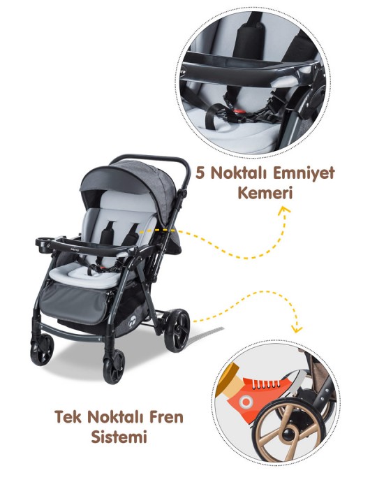 Baby Care Bebek Arabası - BC-500 Combo Maxi Pro - Çift Yönlü Katlanır Bebek Arabası - Gri