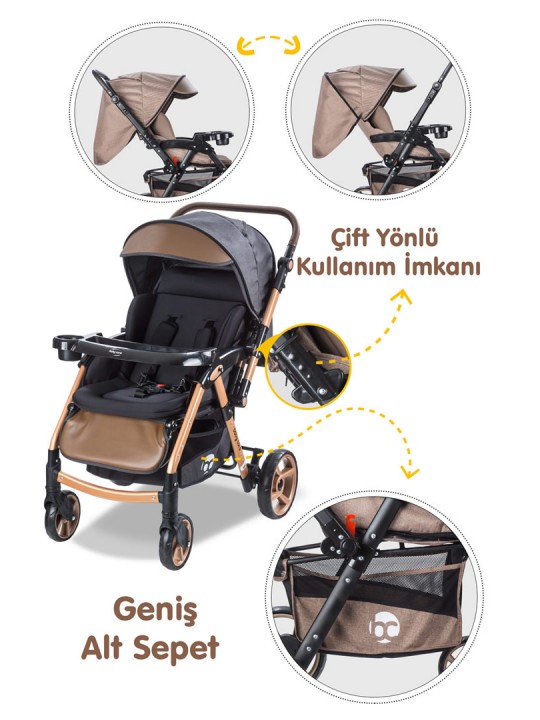 Baby Care Bebek Arabası - BC-500 Combo Maxi Pro - Çift Yönlü Katlanır Bebek Arabası - Gold Siyah