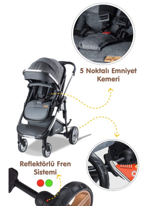 Nurbebe.com.tr | BabyCare | Baby Care Travel Bebek Arabası - Bc 440 Colarado Chrome - Travel Sistem Pusetli Katlanır Amortisörlü Krom Detaylı Bebek Arabası - Gri