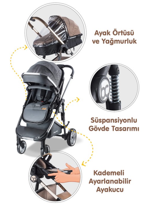 Nurbebe.com.tr | BabyCare | Baby Care Travel Bebek Arabası - Bc 440 Colarado Chrome - Travel Sistem Pusetli Katlanır Amortisörlü Krom Detaylı Bebek Arabası - Gri