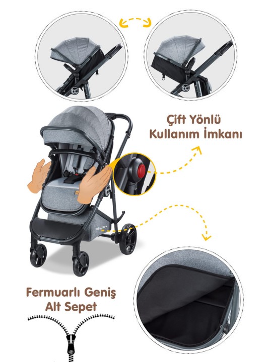 Nurbebe.com.tr | BabyCare | Baby Care Travel Bebek Arabası - Bc 300 Exen - Travel Sistem Oto Koltuğu Pusetli Katlanır Bebek Arabası - Gri