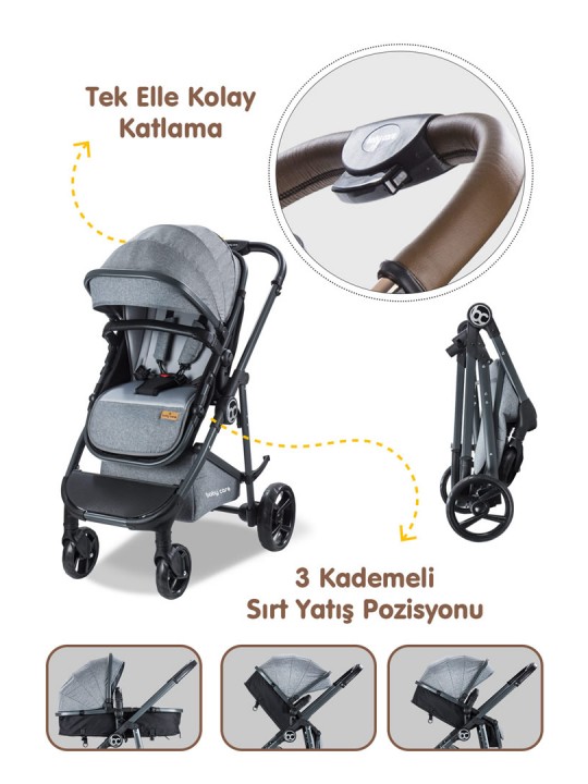 Nurbebe.com.tr | BabyCare | Baby Care Travel Bebek Arabası - Bc 300 Exen - Travel Sistem Oto Koltuğu Pusetli Katlanır Bebek Arabası - Gri