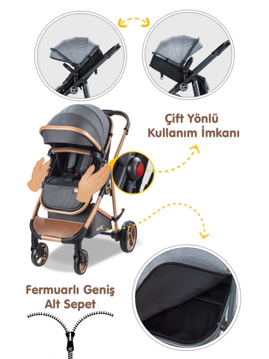 Nurbebe.com.tr | BabyCare | Baby Care Travel Bebek Arabası - Bc 300 Exen - Travel Sistem Pusetli Katlanır Bebek Arabası - Gold Siyah
