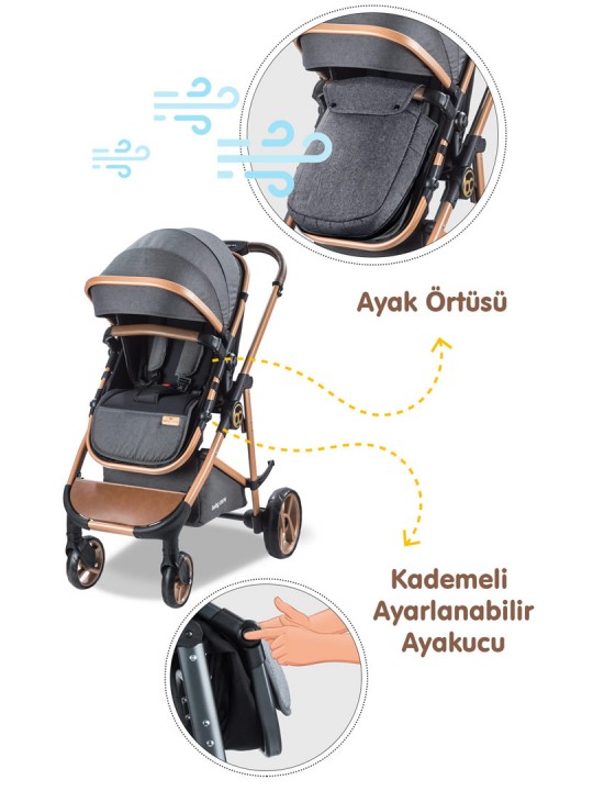 Nurbebe.com.tr | BabyCare | Baby Care Travel Bebek Arabası - Bc 300 Exen - Travel Sistem Pusetli Katlanır Bebek Arabası - Gold Siyah
